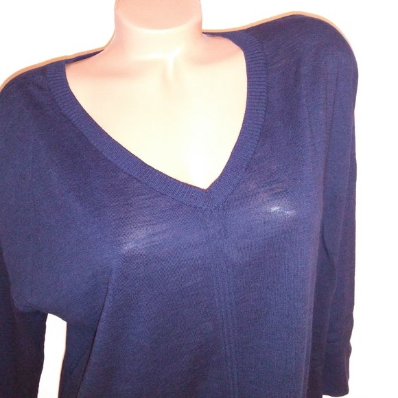Talbots Sweater Large V Neck Navy Blue Solid 3/4 Sleeve 100% Cotton Pullover Bus - Picture 3 of 11
